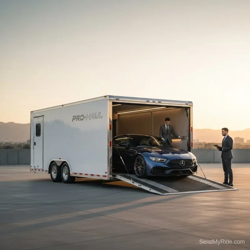 Enclosed car transport trailer with luxury sports car being loaded