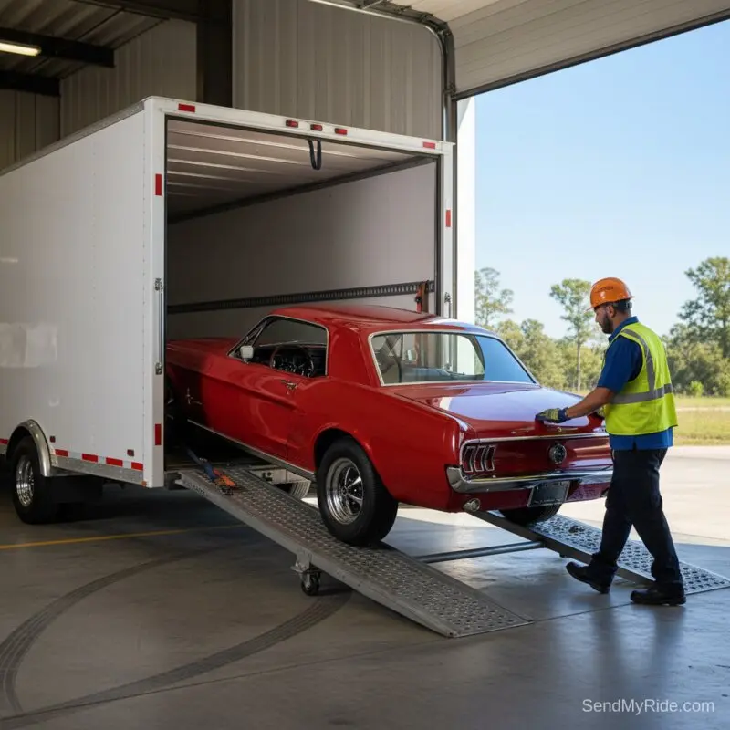 Classic red Mustang being loaded into an enclosed transport trailer