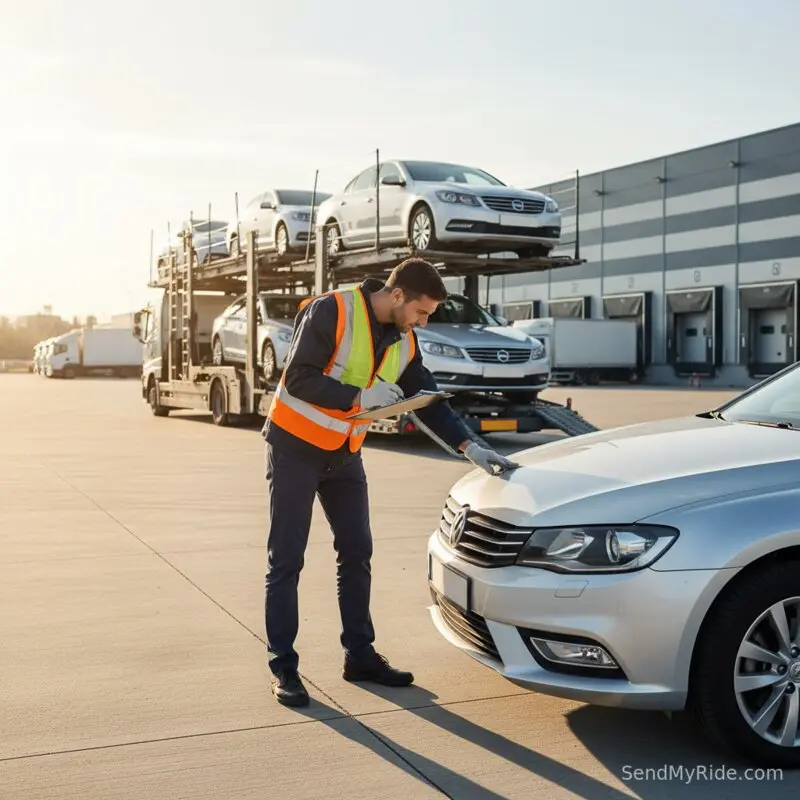 Car carrier truck driver inspecting a sedan with a clipboard before loading