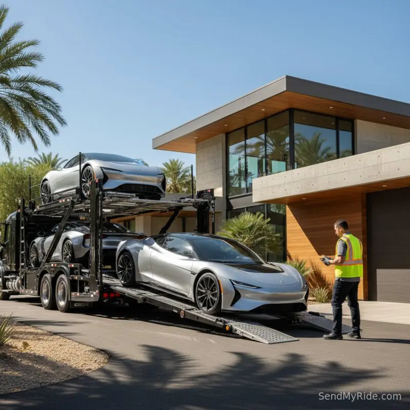 Car being unloaded from a carrier truck in front of a modern house